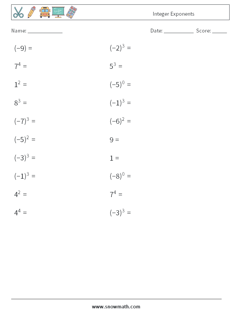 Integer Exponents Maths Worksheets 6