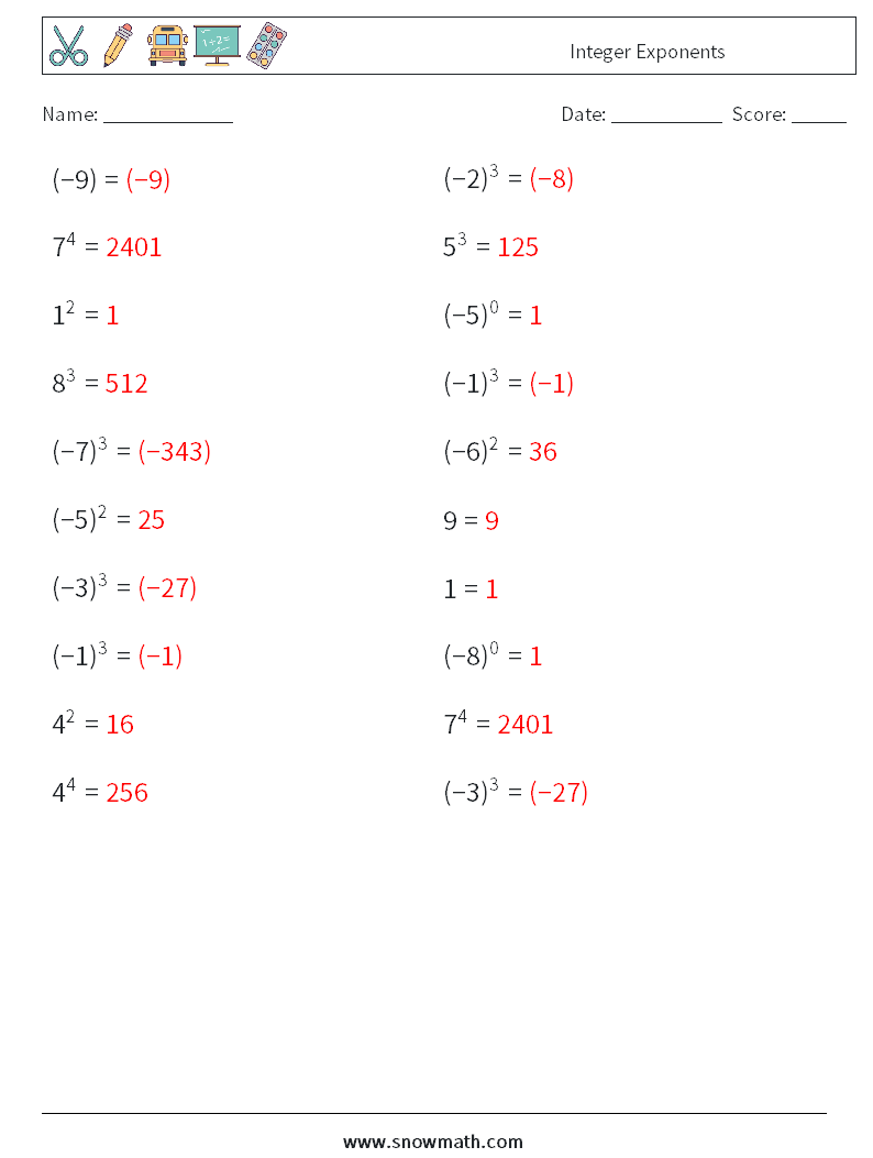 Integer Exponents Maths Worksheets 6 Question, Answer