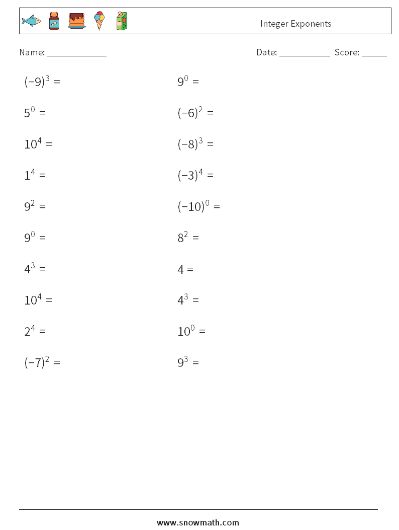 Integer Exponents Maths Worksheets 7