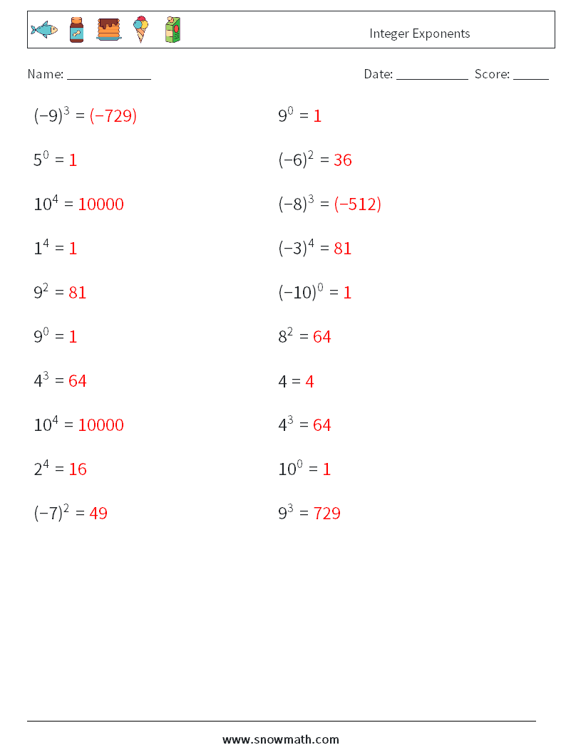 Integer Exponents Maths Worksheets 7 Question, Answer