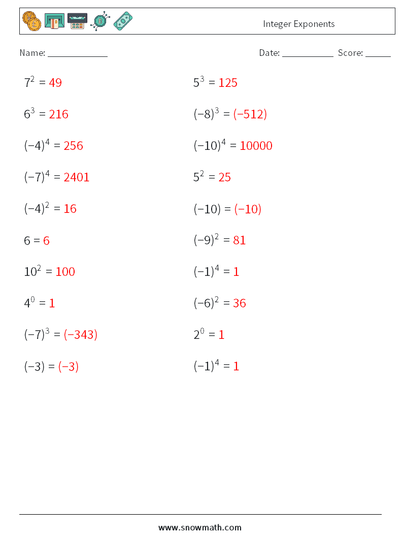 Integer Exponents Maths Worksheets 8 Question, Answer