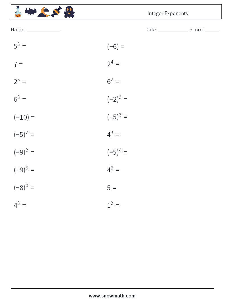 Integer Exponents Maths Worksheets 9