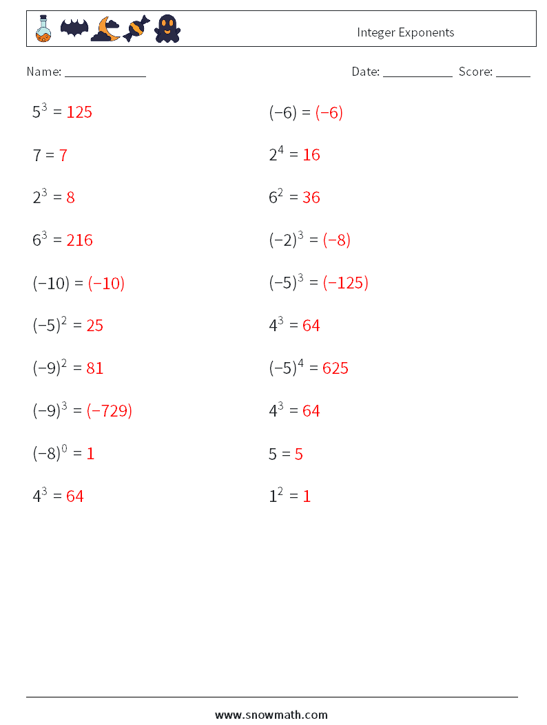 Integer Exponents Maths Worksheets 9 Question, Answer
