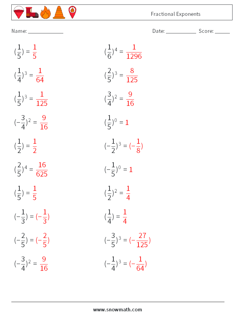 Fractional Exponents Maths Worksheets 2 Question, Answer