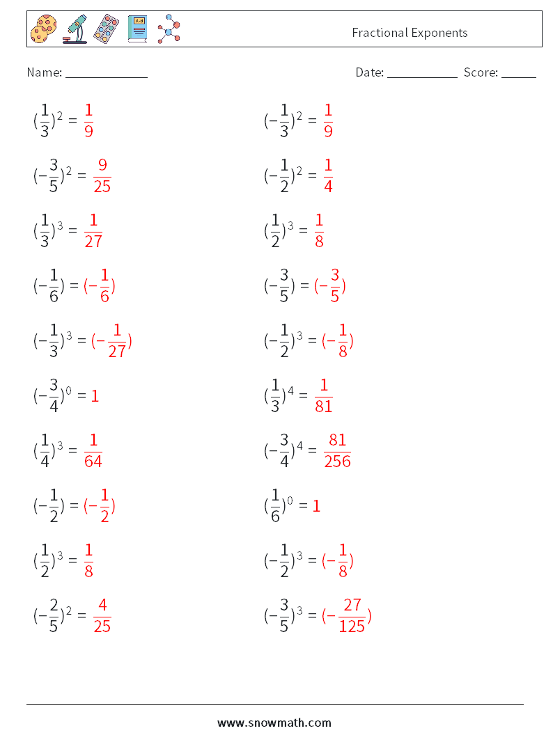 Fractional Exponents Maths Worksheets 3 Question, Answer