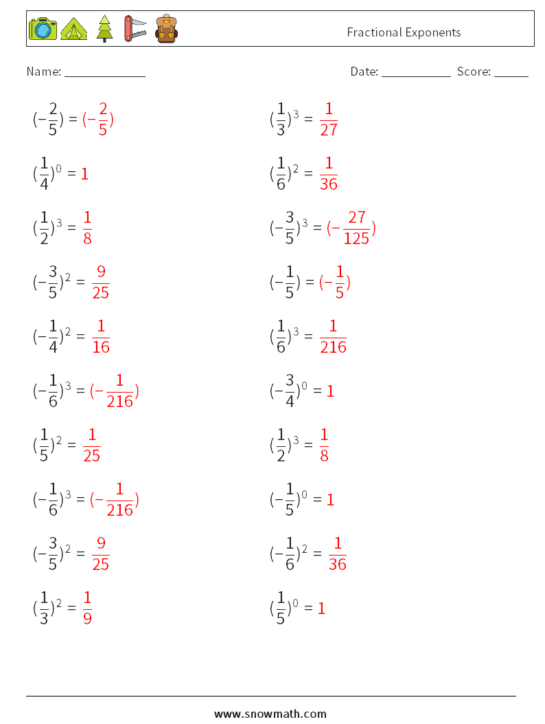 Fractional Exponents Maths Worksheets 4 Question, Answer