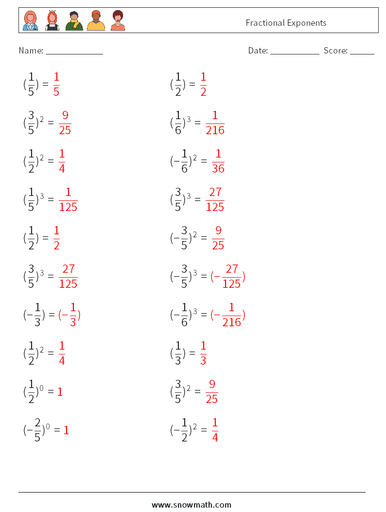 Fractional Exponents Maths Worksheets 5 Question, Answer