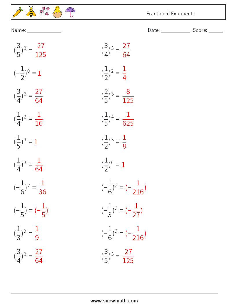 Fractional Exponents Maths Worksheets 6 Question, Answer