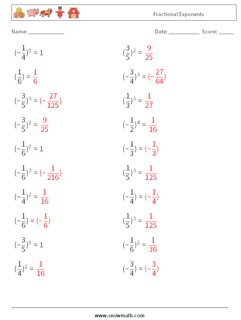 Fractional Exponents Maths Worksheets 7 Question, Answer