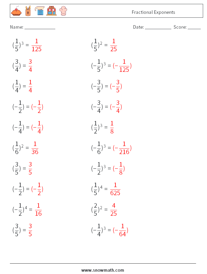 Fractional Exponents Maths Worksheets 8 Question, Answer