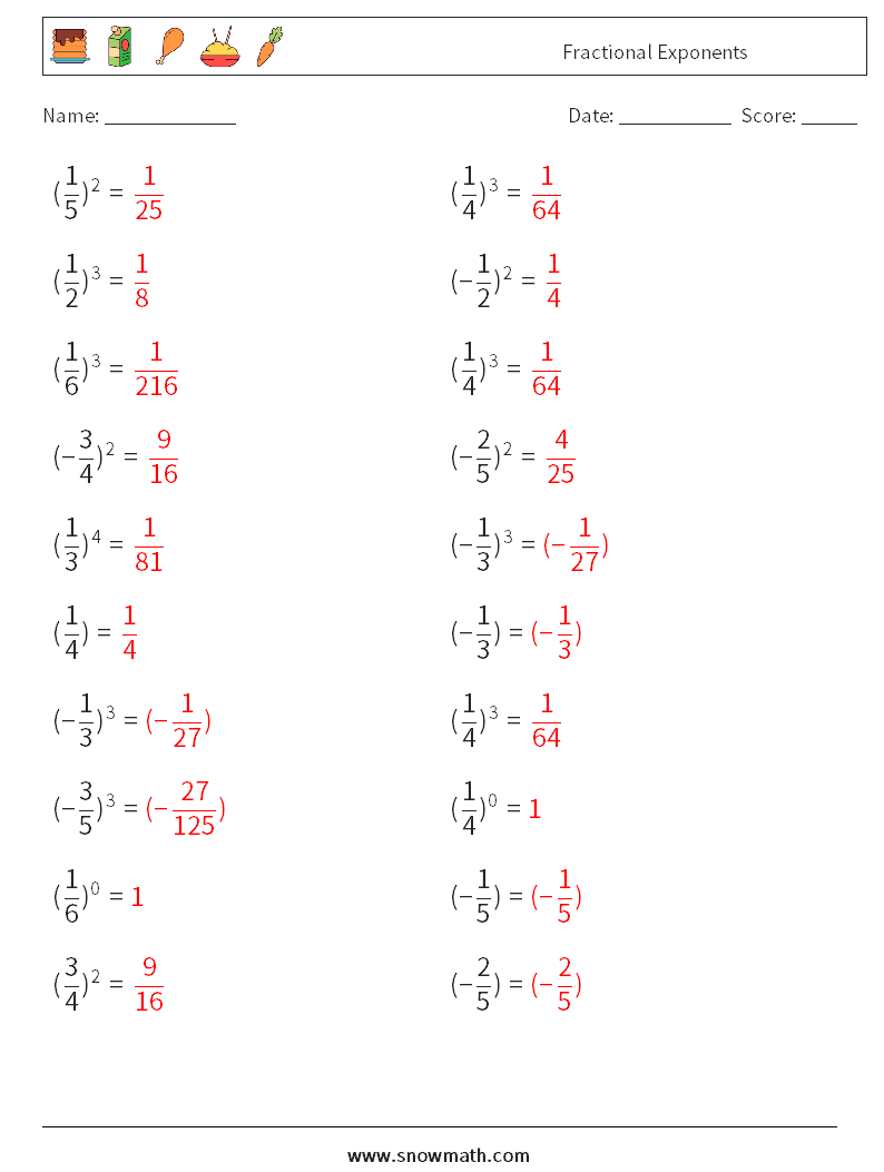 Fractional Exponents Maths Worksheets 9 Question, Answer