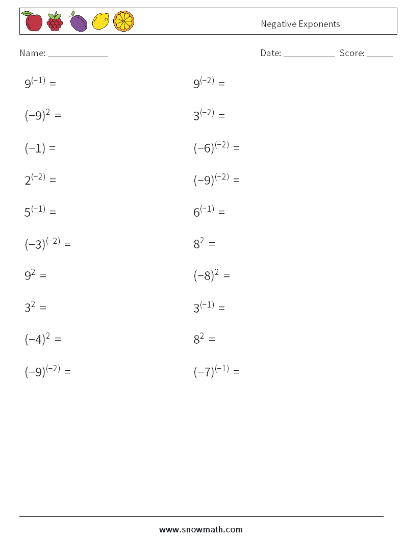 Negative Exponents Maths Worksheets 1