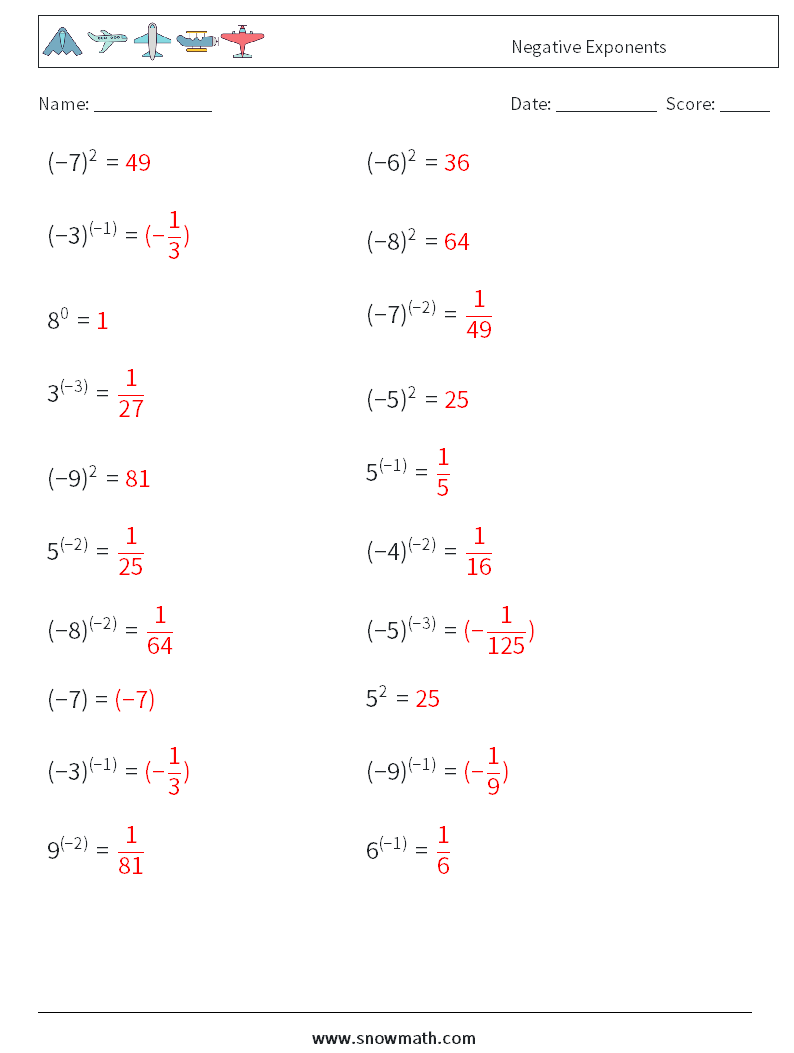  Negative Exponents Maths Worksheets 3 Question, Answer