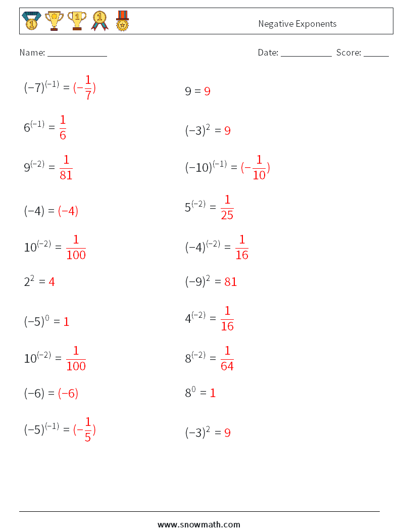  Negative Exponents Maths Worksheets 5 Question, Answer