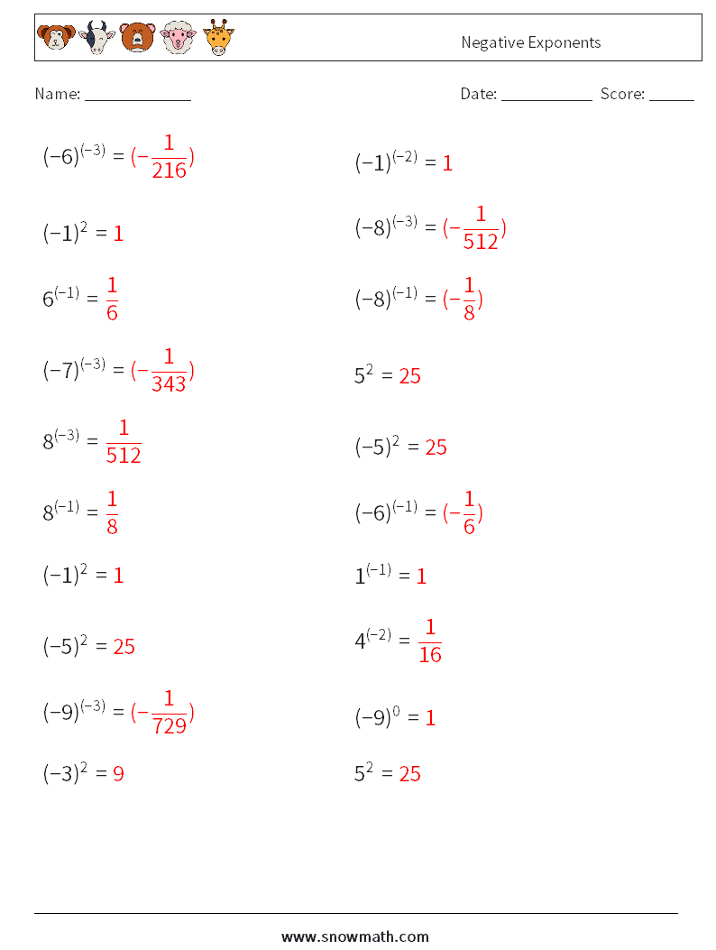  Negative Exponents Maths Worksheets 7 Question, Answer