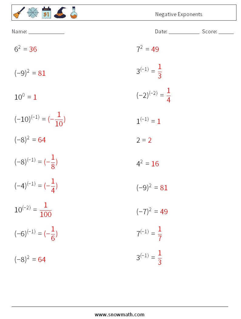  Negative Exponents Maths Worksheets 8 Question, Answer