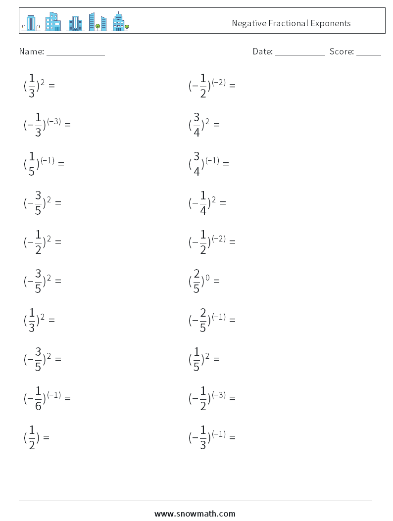 Negative Fractional Exponents Maths Worksheets 1