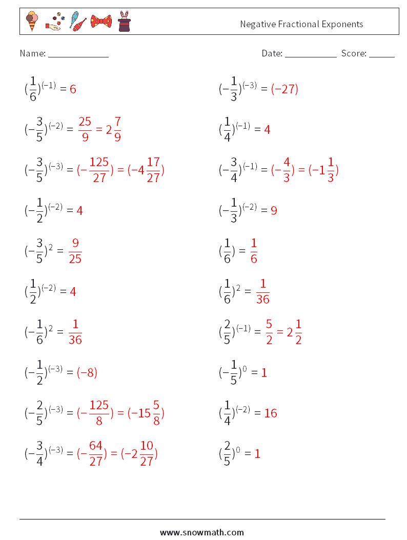 Negative Fractional Exponents Maths Worksheets 3 Question, Answer