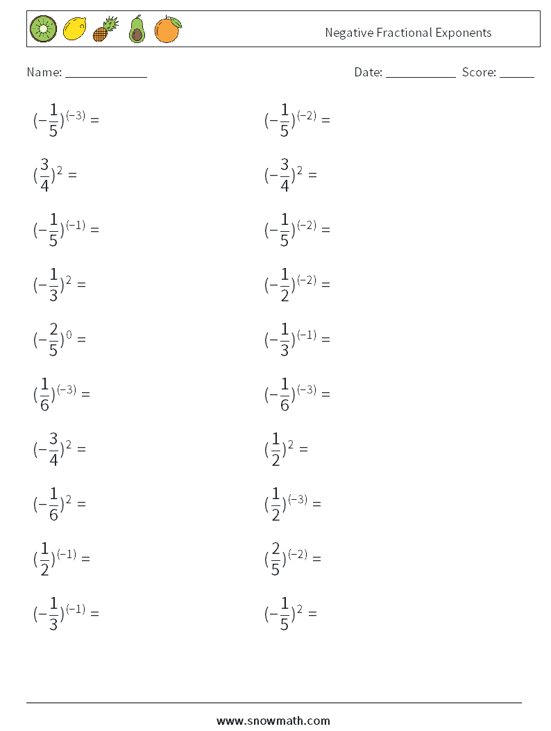 Negative Fractional Exponents Maths Worksheets 4