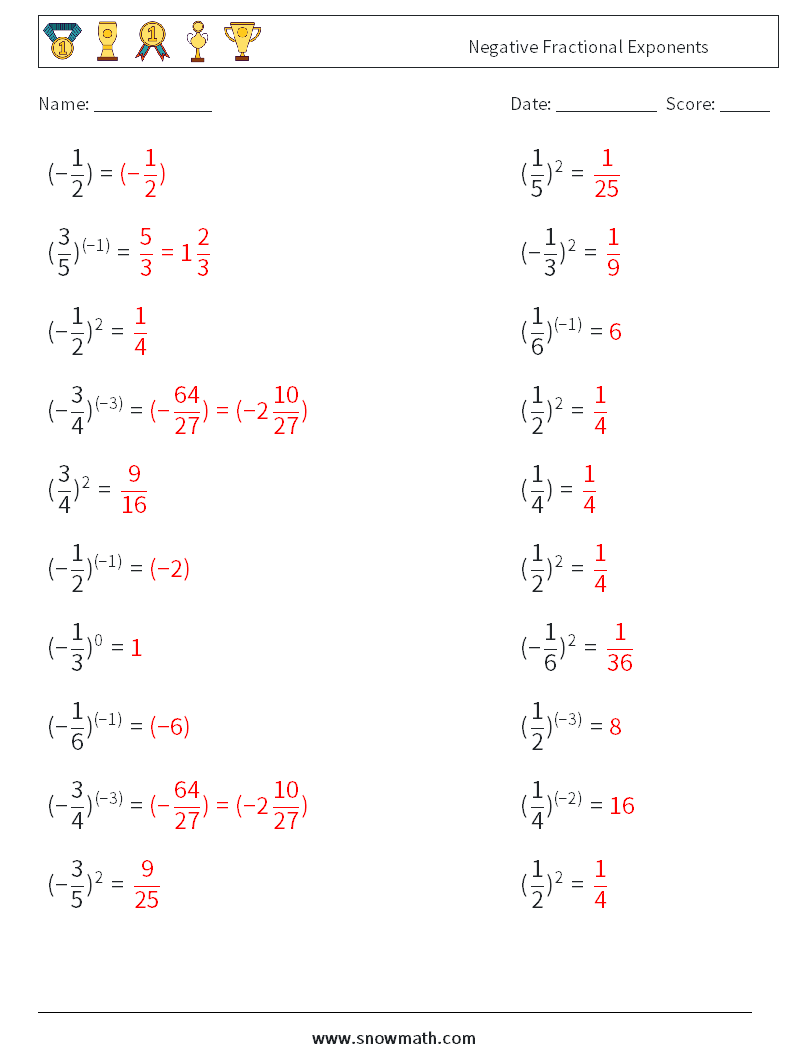 Negative Fractional Exponents Maths Worksheets 5 Question, Answer