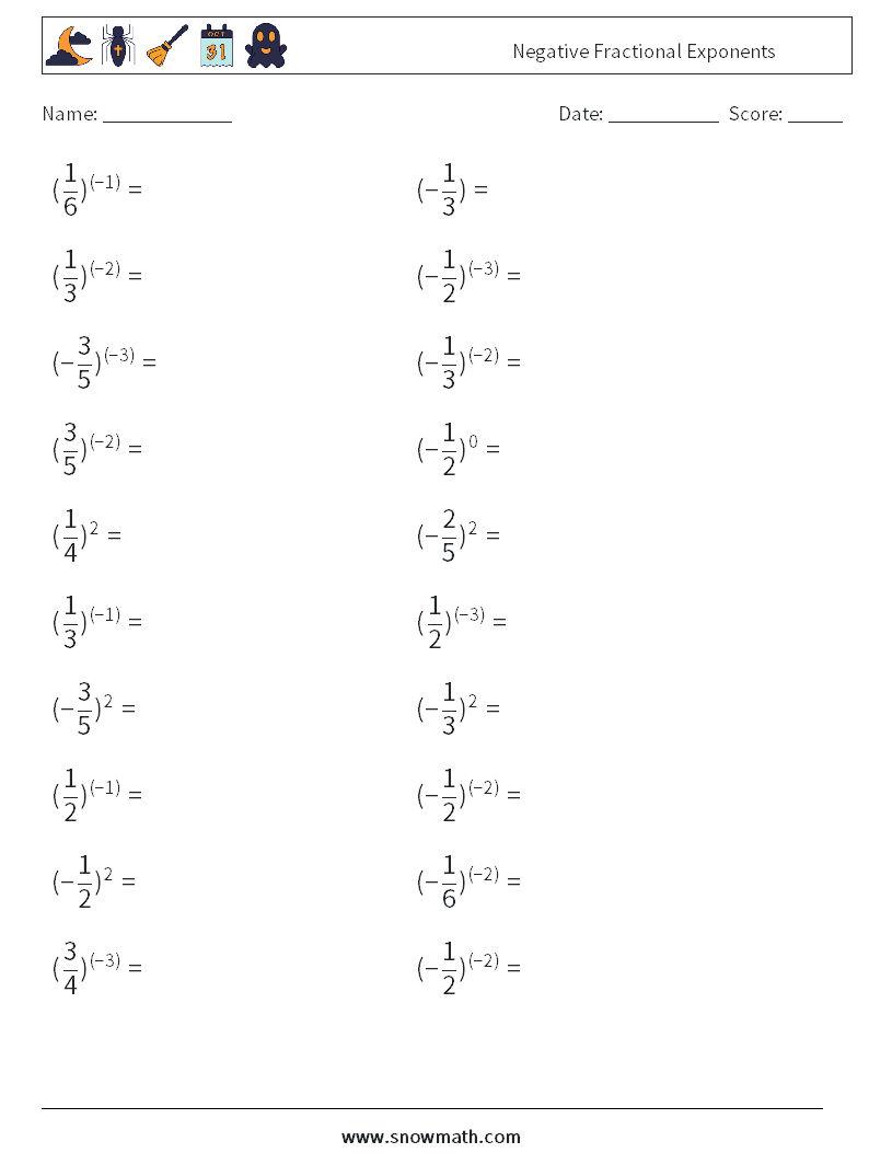 Negative Fractional Exponents Maths Worksheets 6