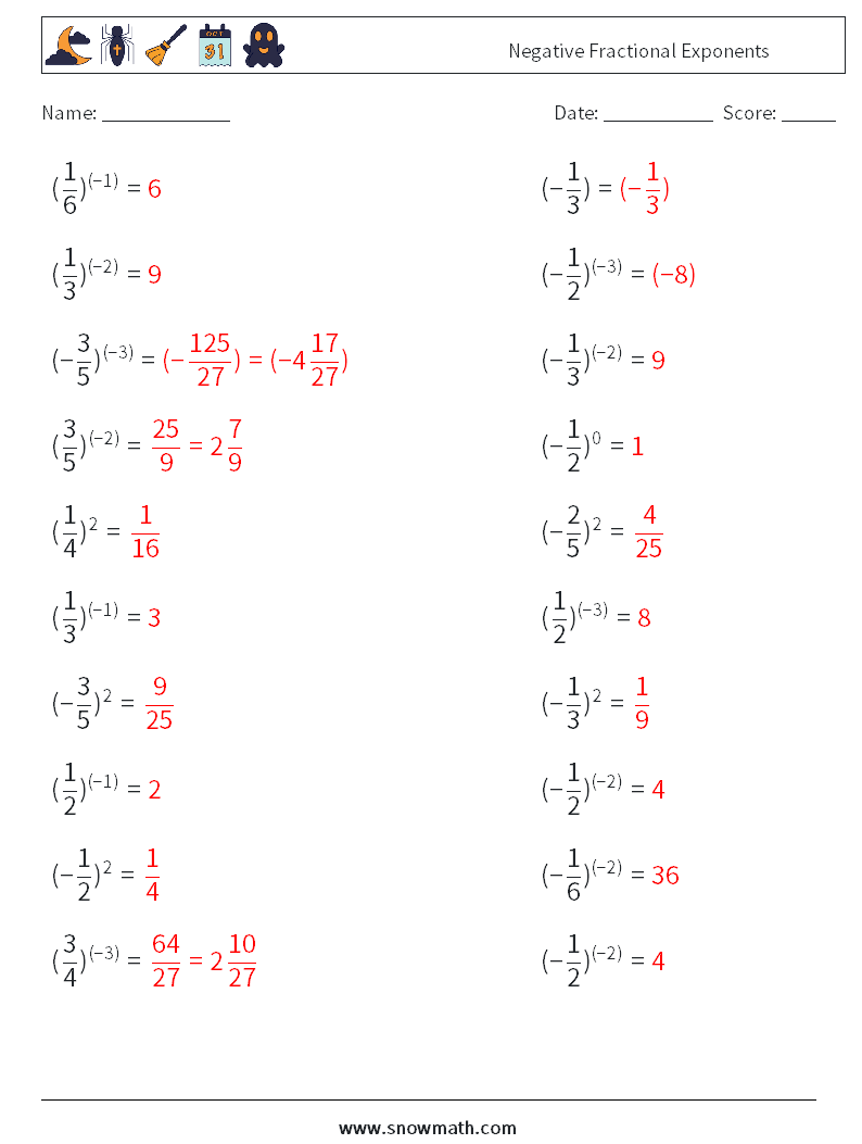 Negative Fractional Exponents Maths Worksheets 6 Question, Answer