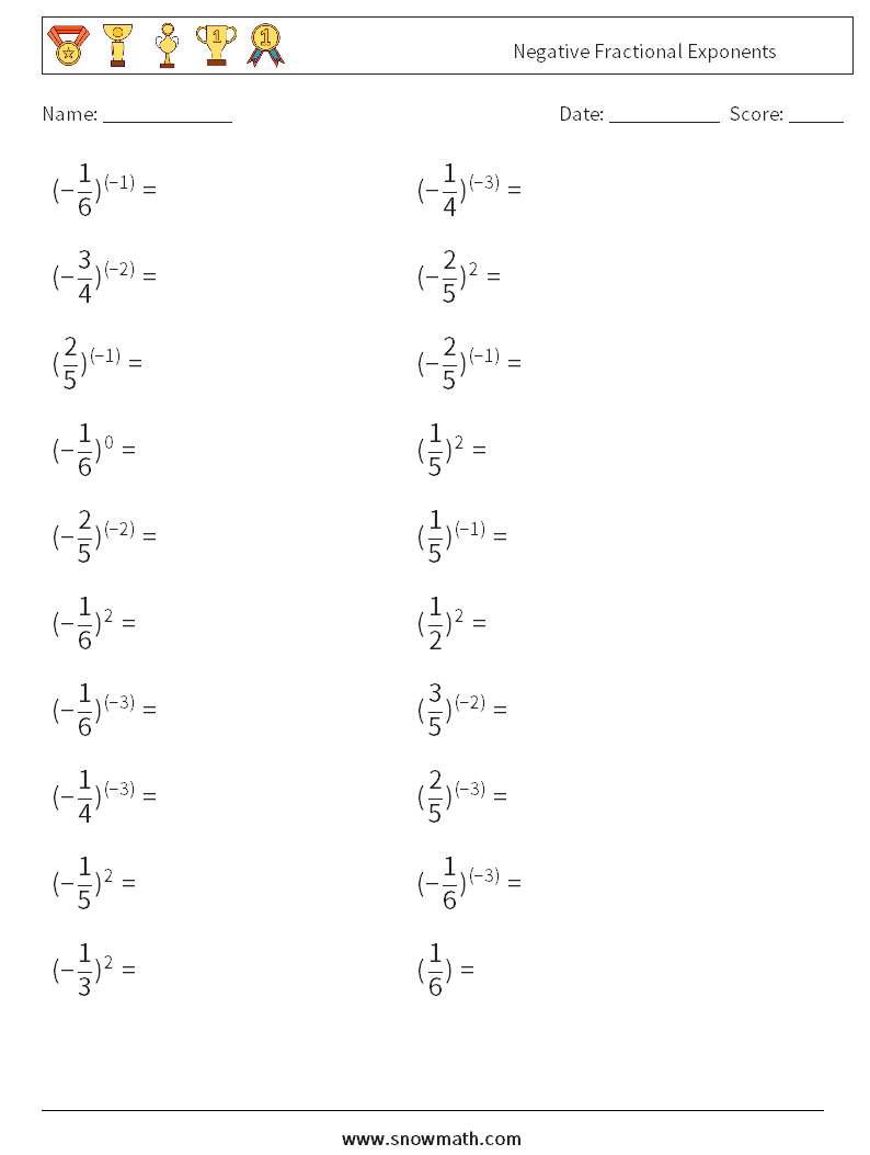 Negative Fractional Exponents Maths Worksheets 7