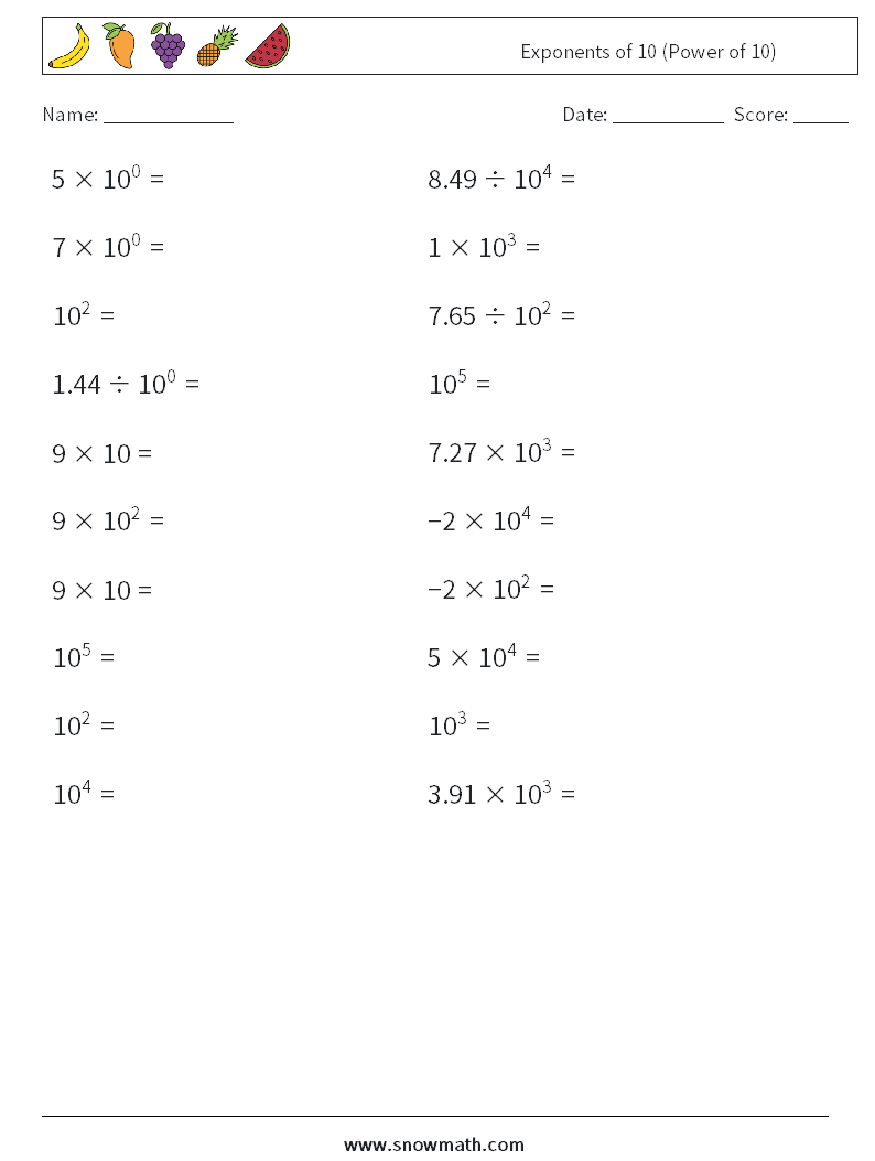 Exponents of 10 (Power of 10) Maths Worksheets 1