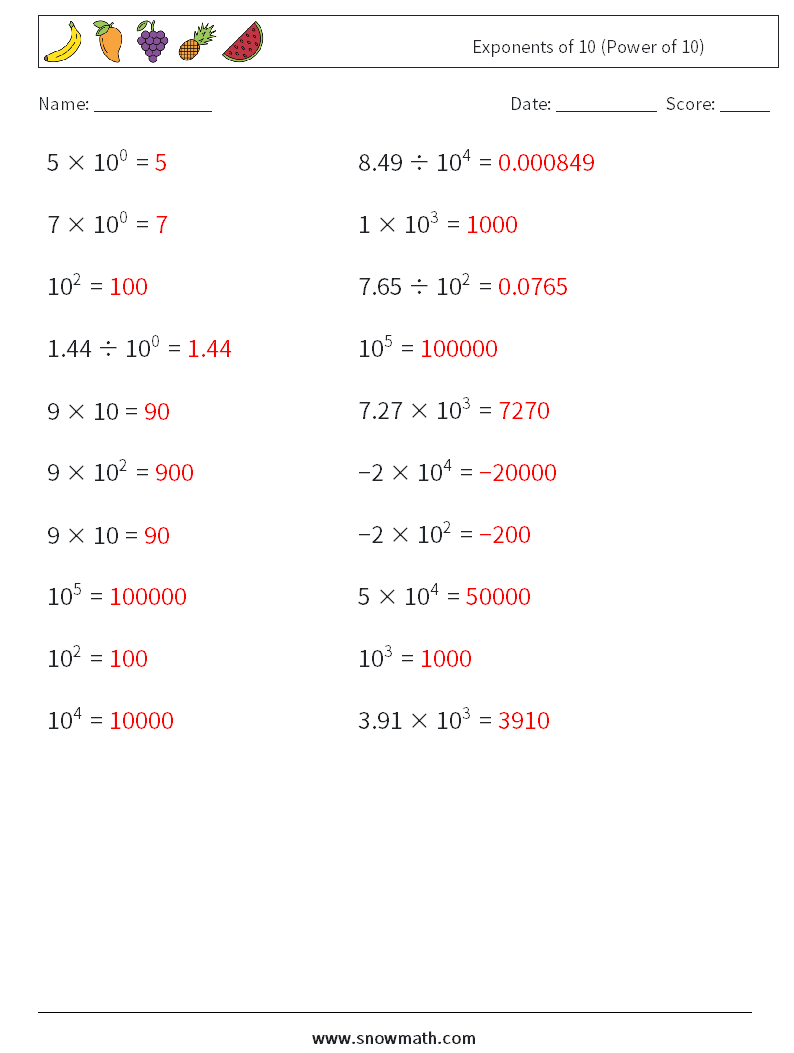 Exponents of 10 (Power of 10) Maths Worksheets 1 Question, Answer