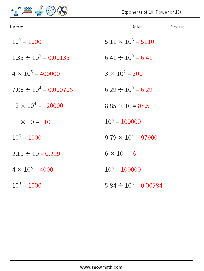 Exponents of 10 (Power of 10) Maths Worksheets 2 Question, Answer