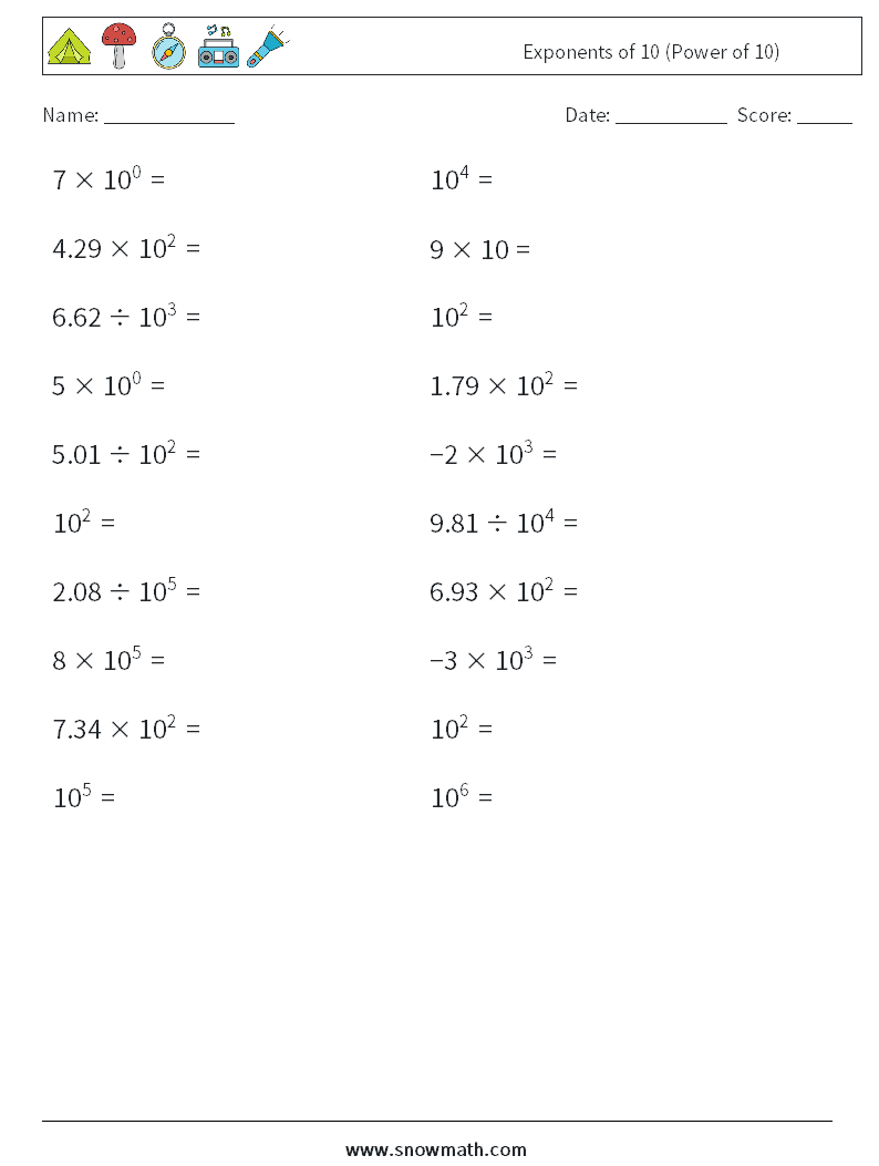 Exponents of 10 (Power of 10) Maths Worksheets 3