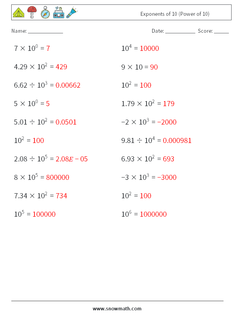 Exponents of 10 (Power of 10) Maths Worksheets 3 Question, Answer