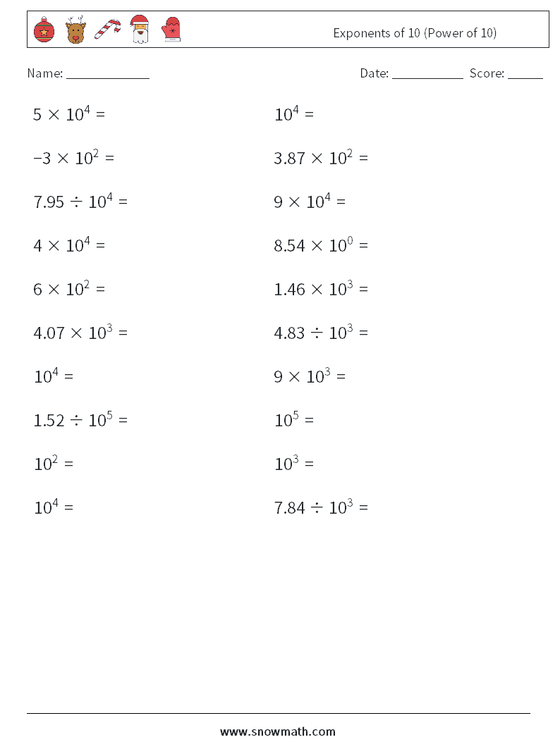 Exponents of 10 (Power of 10) Maths Worksheets 4