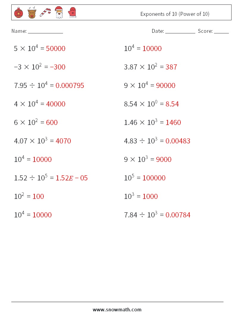 Exponents of 10 (Power of 10) Maths Worksheets 4 Question, Answer