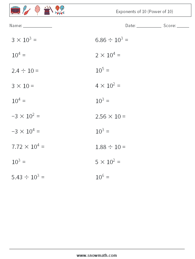 Exponents of 10 (Power of 10) Maths Worksheets 5