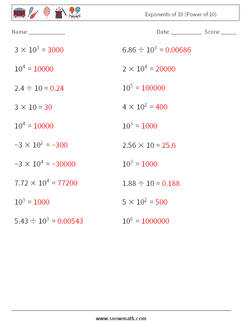 Exponents of 10 (Power of 10) Maths Worksheets 5 Question, Answer