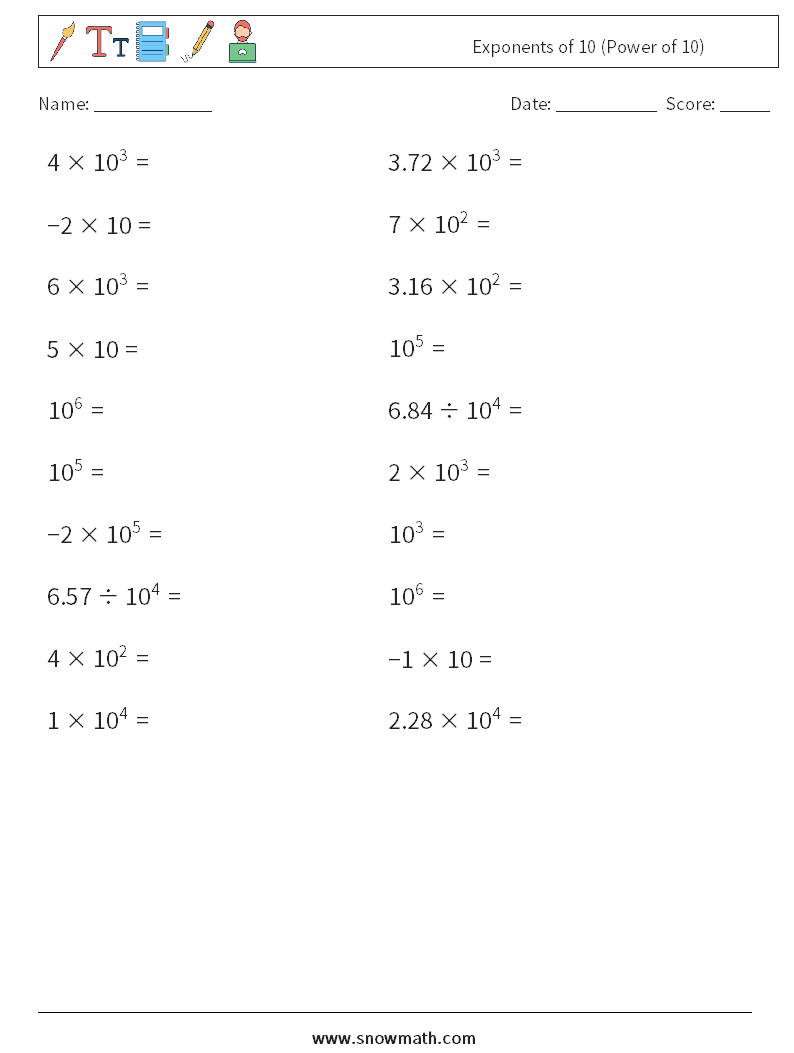 Exponents of 10 (Power of 10) Maths Worksheets 6