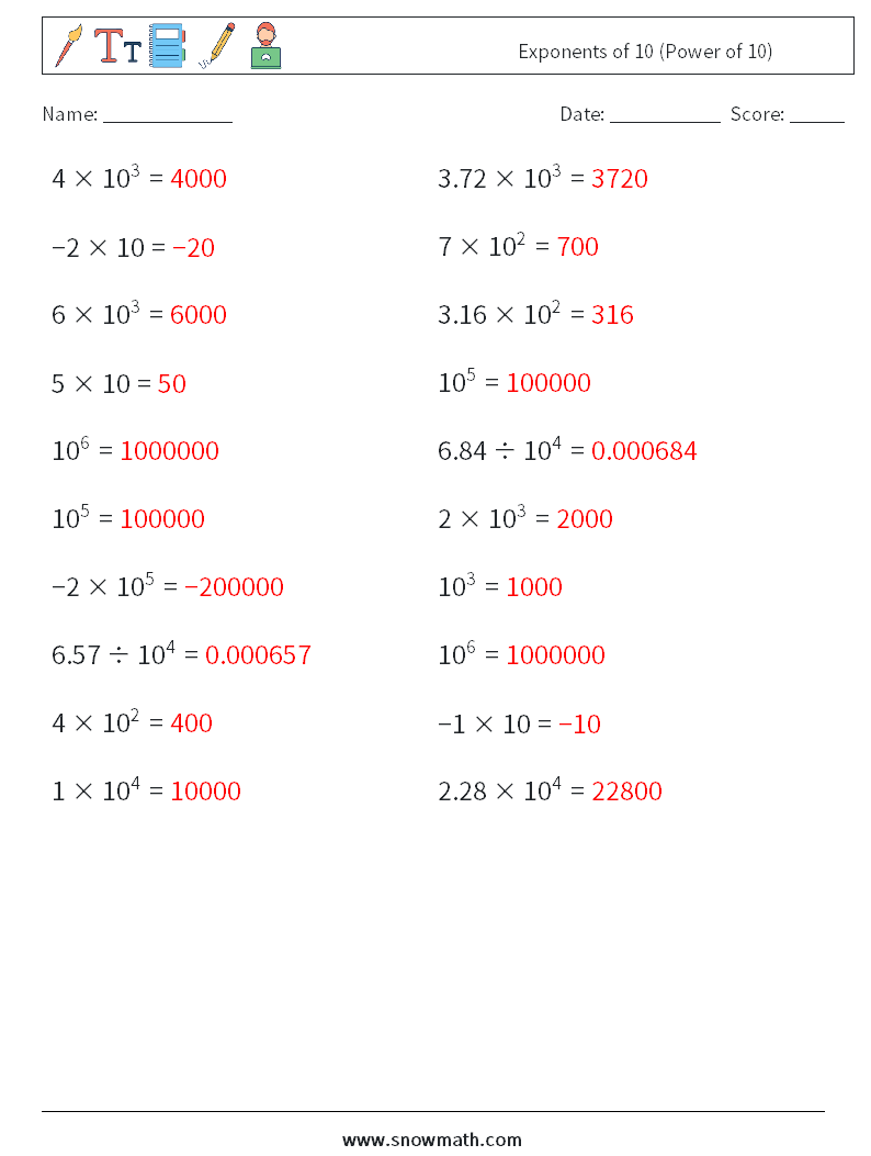 Exponents of 10 (Power of 10) Maths Worksheets 6 Question, Answer