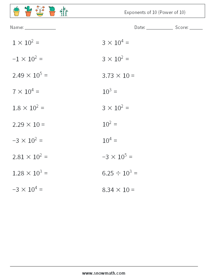 Exponents of 10 (Power of 10) Maths Worksheets 7