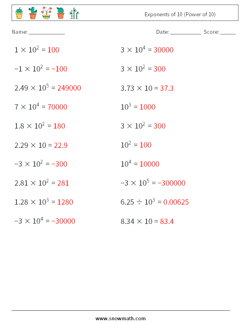 Exponents of 10 (Power of 10) Maths Worksheets 7 Question, Answer