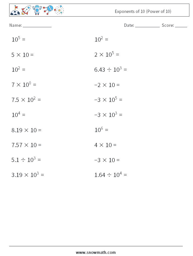 Exponents of 10 (Power of 10) Maths Worksheets 8