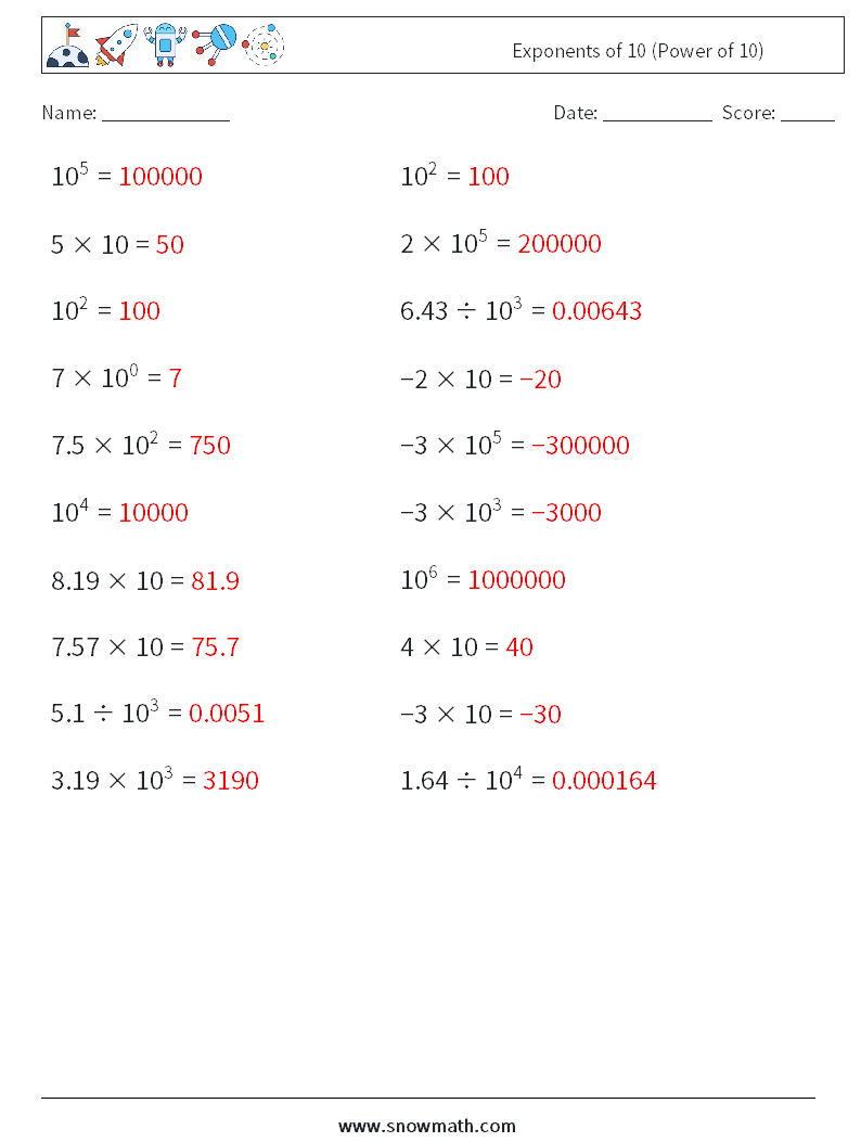 Exponents of 10 (Power of 10) Maths Worksheets 8 Question, Answer