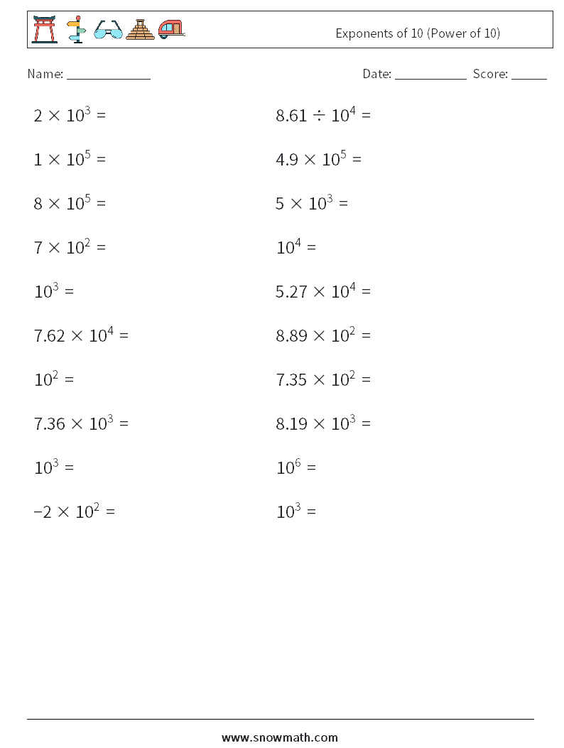 Exponents of 10 (Power of 10) Maths Worksheets 9