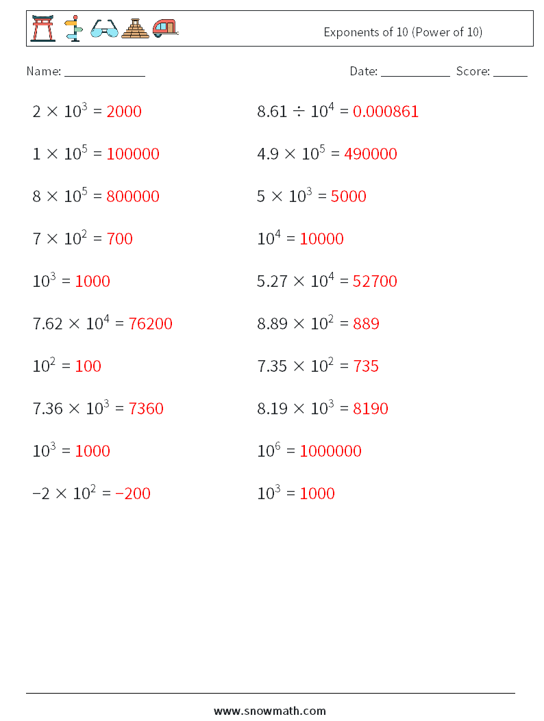 Exponents of 10 (Power of 10) Maths Worksheets 9 Question, Answer