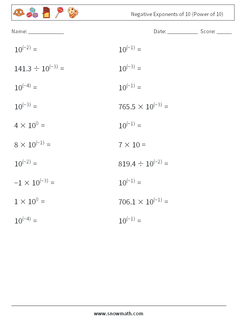 Negative Exponents of 10 (Power of 10) Maths Worksheets 2