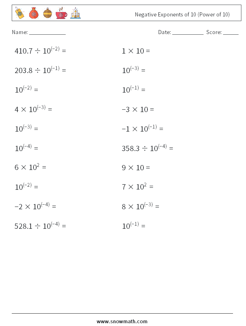 Negative Exponents of 10 (Power of 10) Maths Worksheets 3