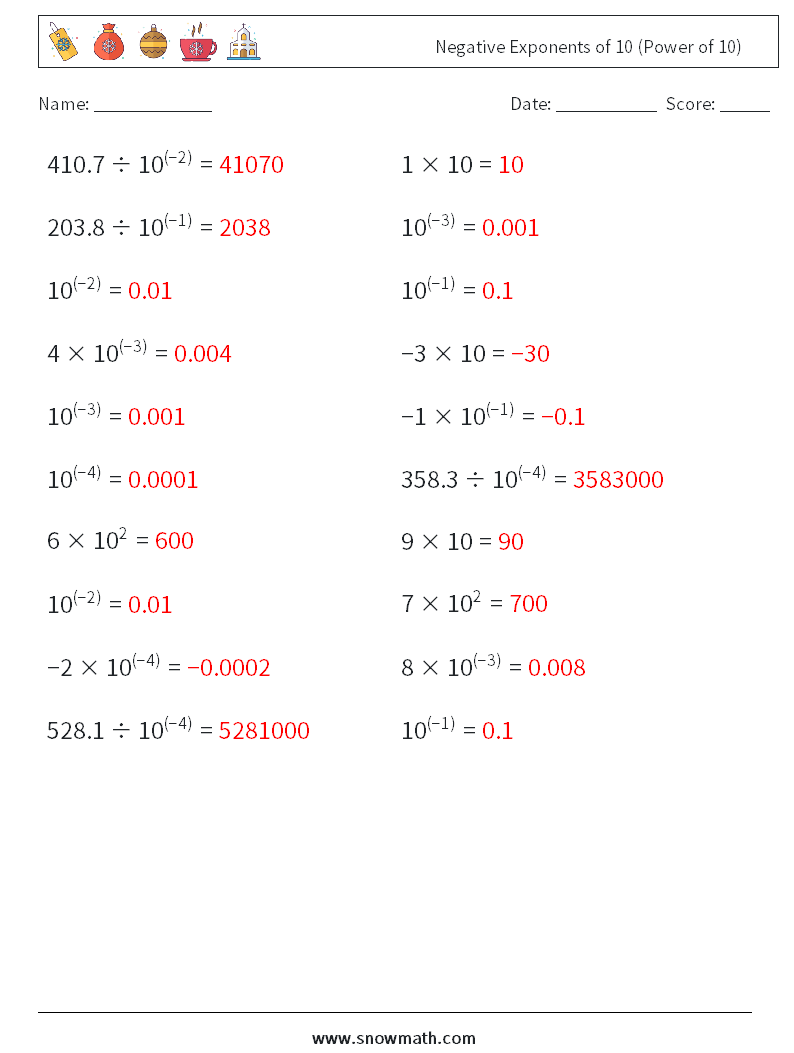 Negative Exponents of 10 (Power of 10) Maths Worksheets 3 Question, Answer