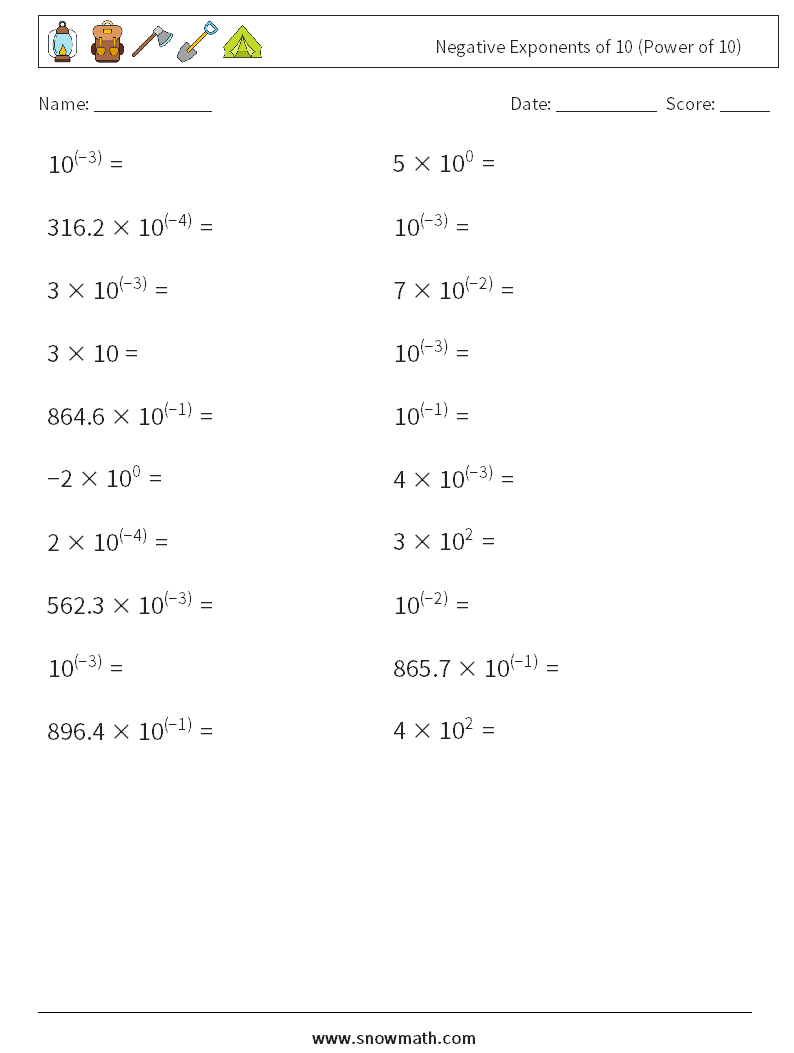 Negative Exponents of 10 (Power of 10) Maths Worksheets 4