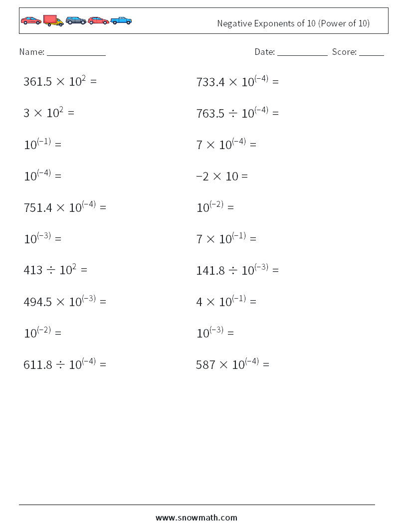 Negative Exponents of 10 (Power of 10) Maths Worksheets 5