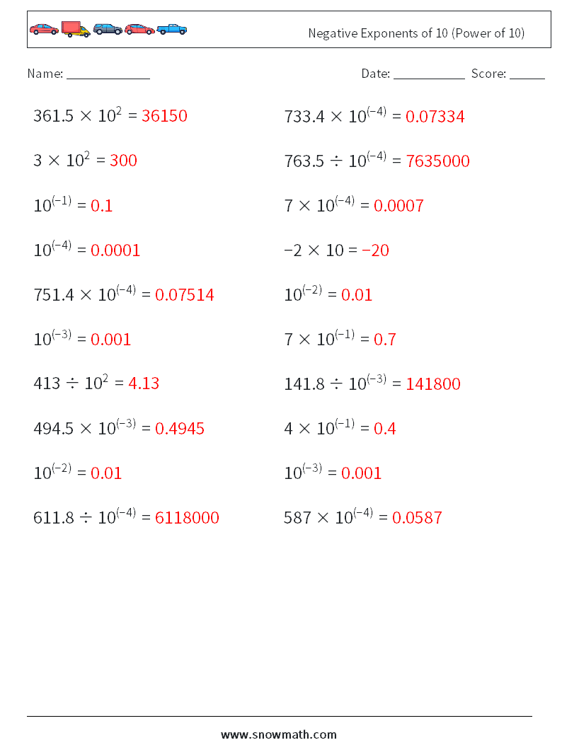 Negative Exponents of 10 (Power of 10) Maths Worksheets 5 Question, Answer